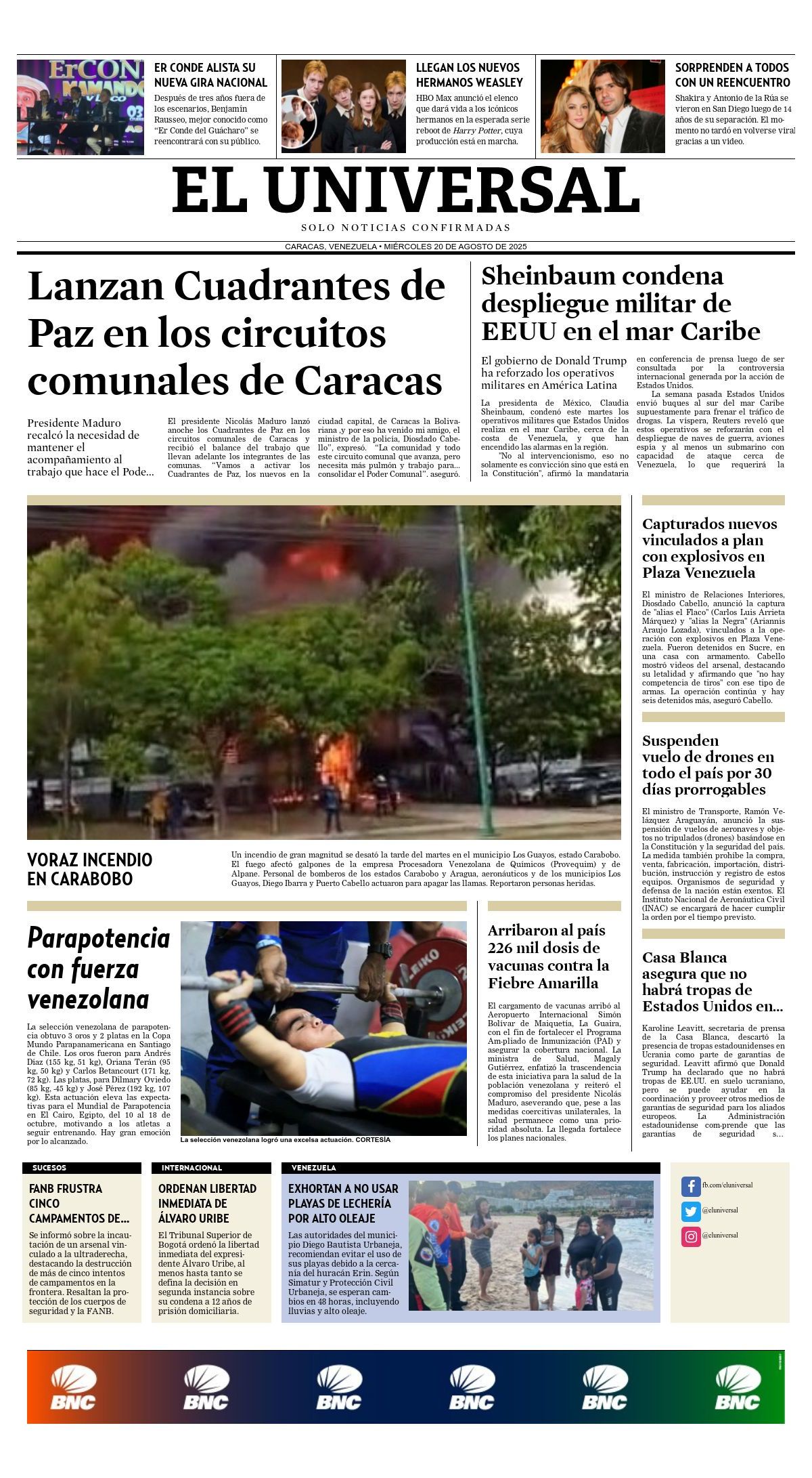 Titulares de la prensa nacional para este miércoles 20 de agosto