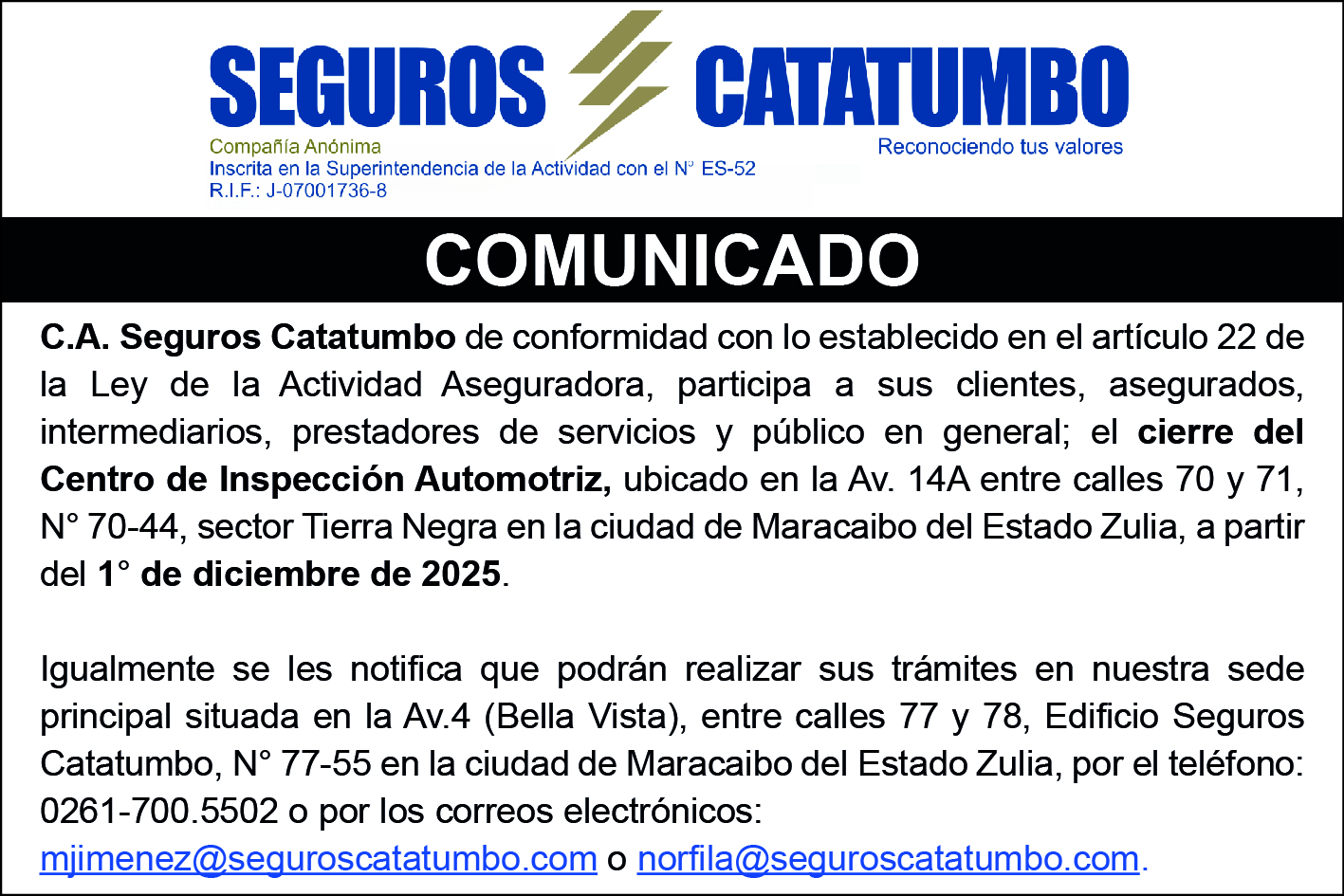 Seguros Catatumbo: Comunicado