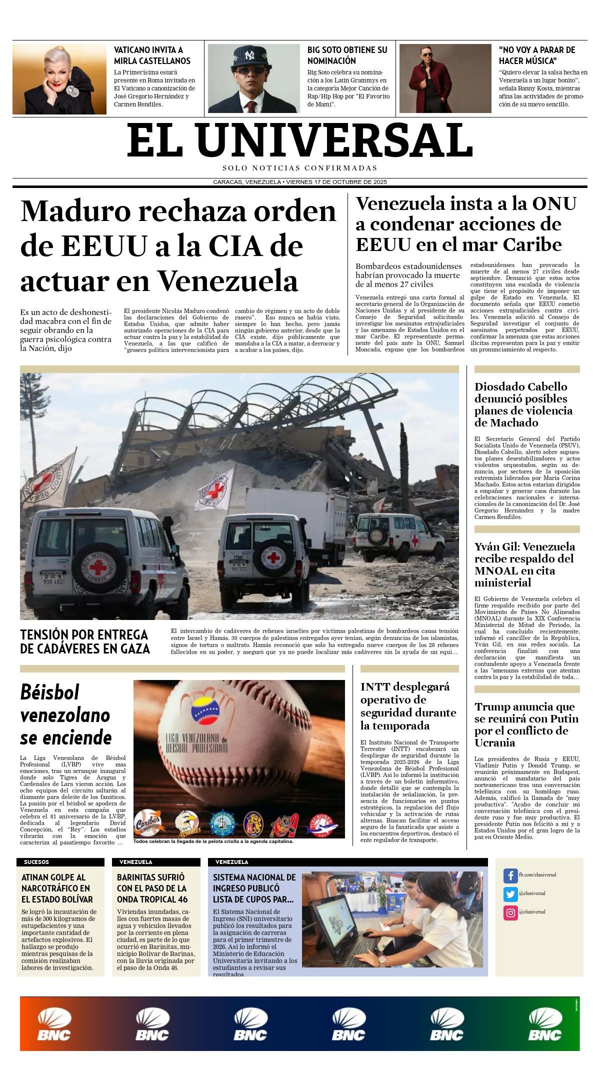 Titulares de la prensa nacional para este viernes 17 de octubre