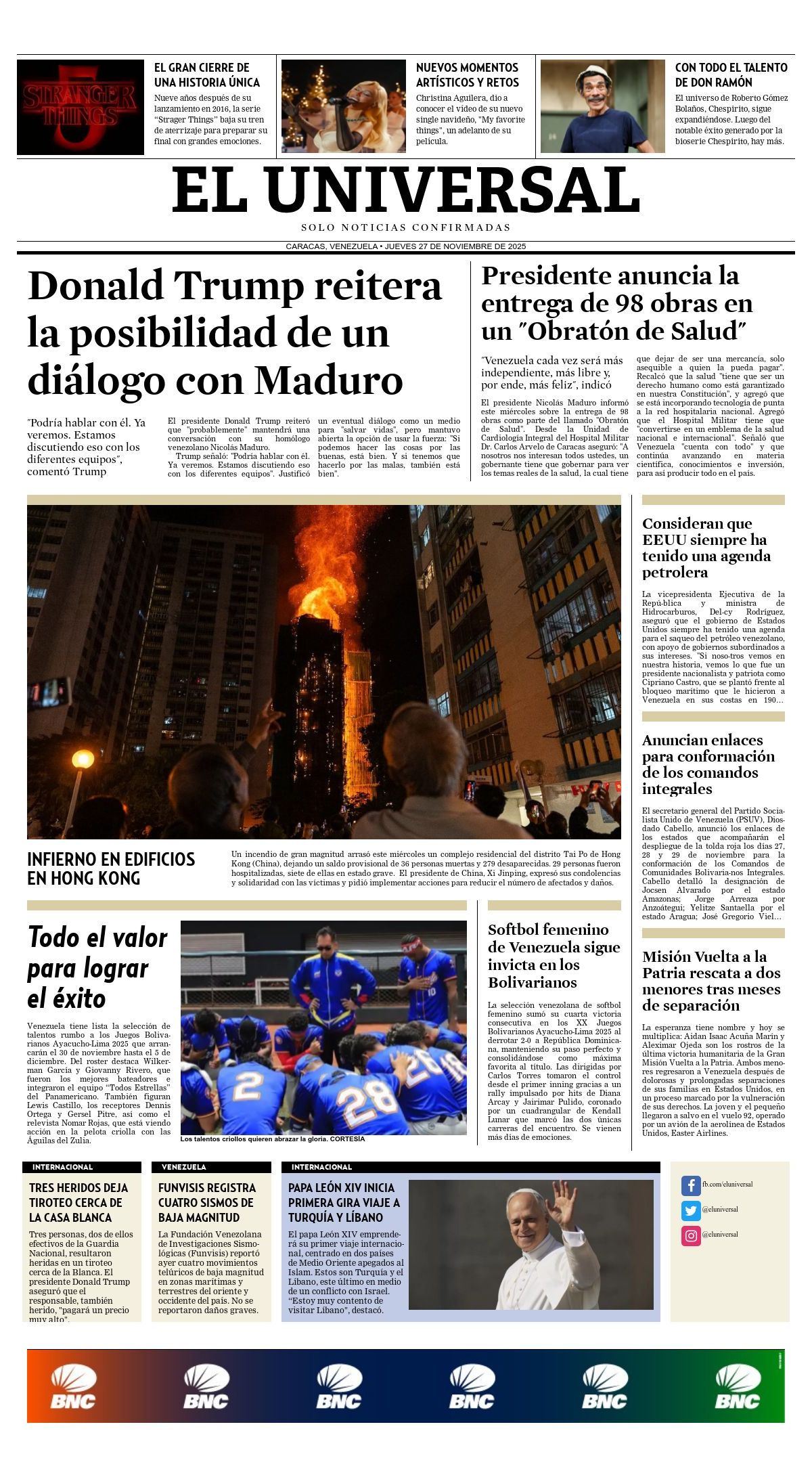 Titulares de la prensa nacional para este jueves 27 de noviembre