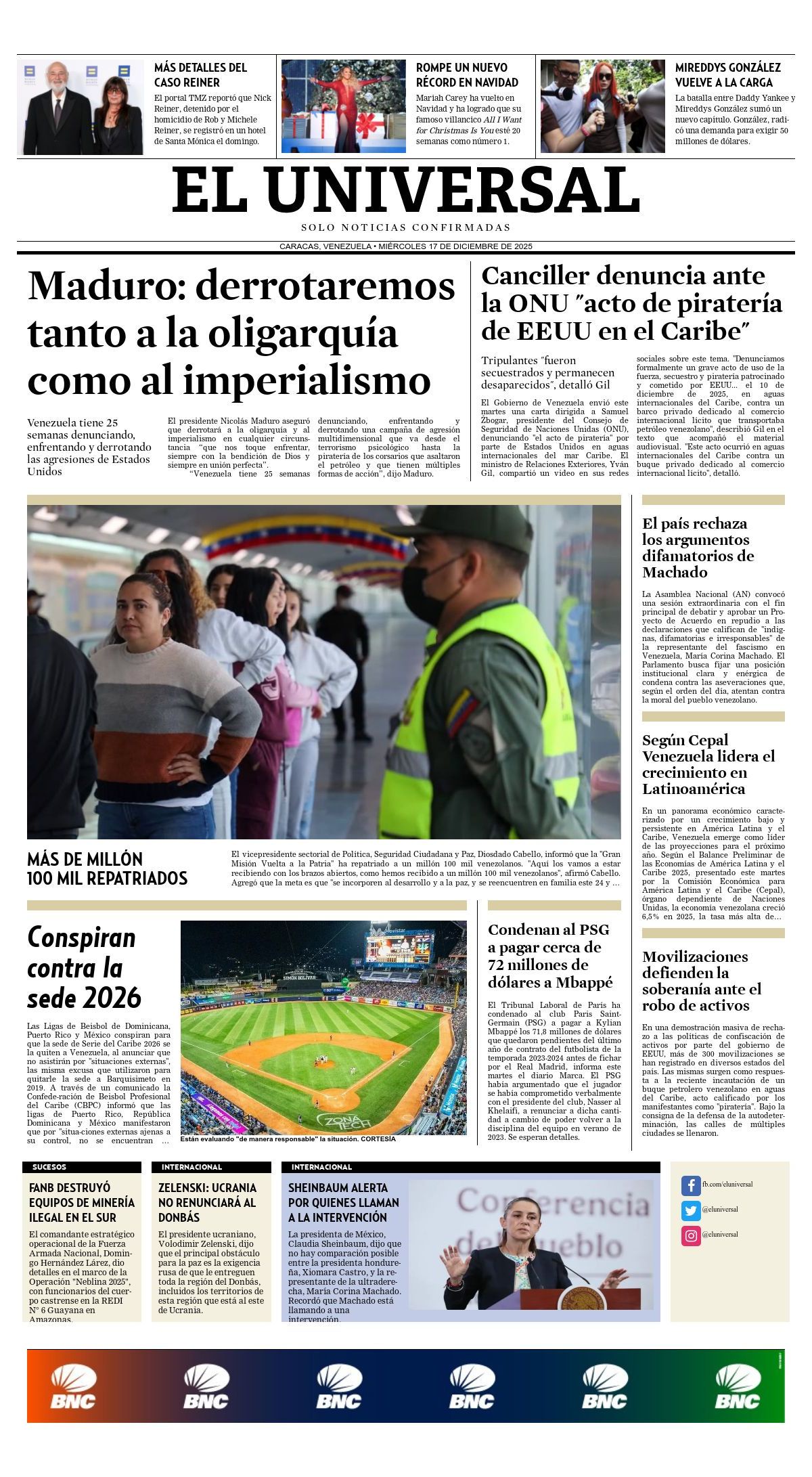 Titulares de la prensa nacional para este miércoles 17 de diciembre
